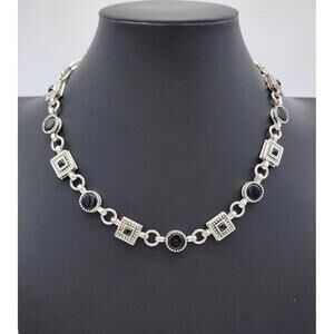 Vintage Napier Silver Tone Black Cabochon Necklace 18.5" 60g Geometric Design